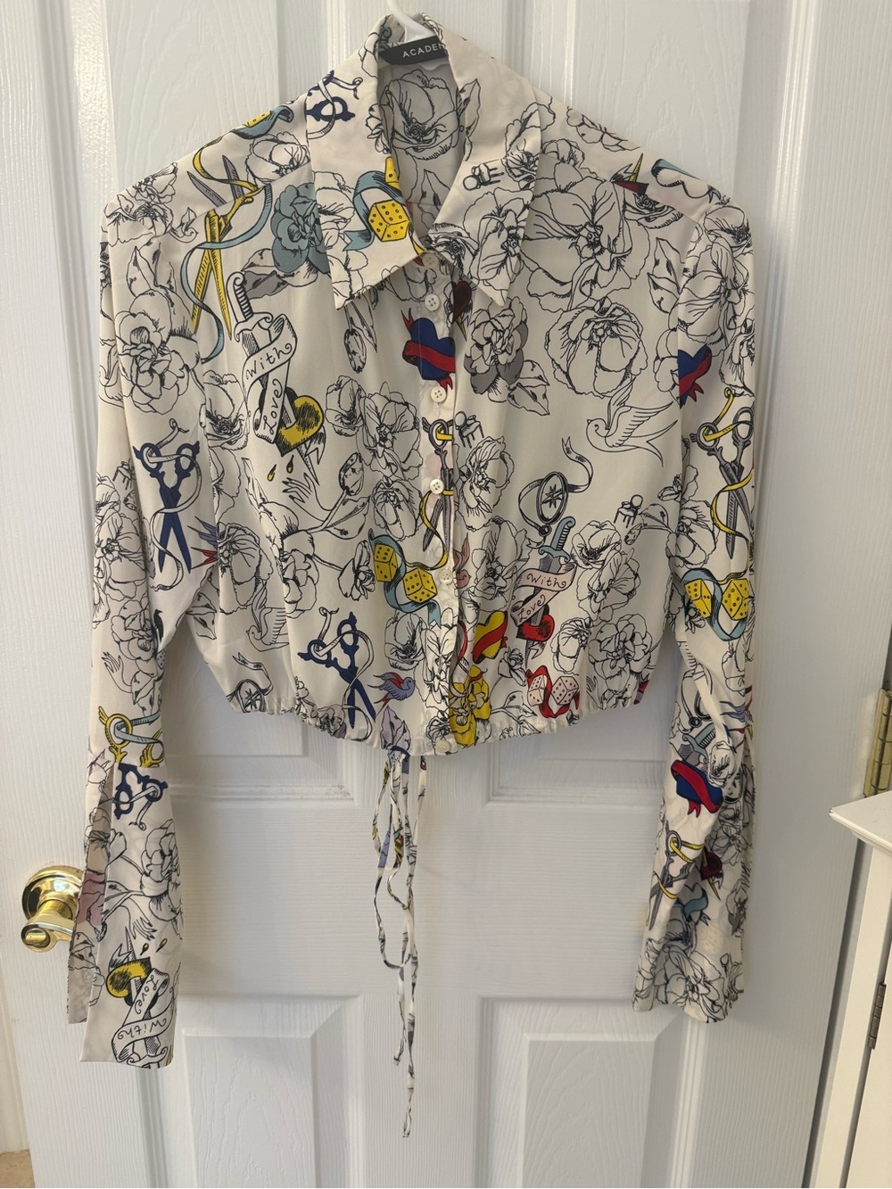 Academia Floral Print Drawstring Crop Button-Down Silk Shirt